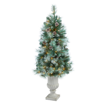 4.5 Frosted Tip British Columbia Mountain Pine Artificial Christmas Tree with 100 Clear Lights Pine Cones and 228 Bendable Branches in Decorative Urn - SKU #T2260
