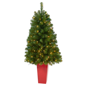 4.5 Virginia Fir Artificial Christmas Tree with 100 Clear Lights and 223 Bendable Branches in Red Planter - SKU #T2269