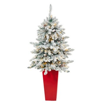 4.5 Flocked Livingston Fir Artificial Christmas Tree with Pine Cones and 150 Clear Warm LED Lights in Tall White Planter - SKU #T2272