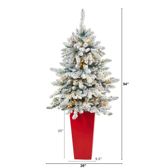 4.5 Flocked Livingston Fir Artificial Christmas Tree with Pine Cones and 150 Clear Warm LED Lights in Tall White Planter - SKU #T2272 - 1