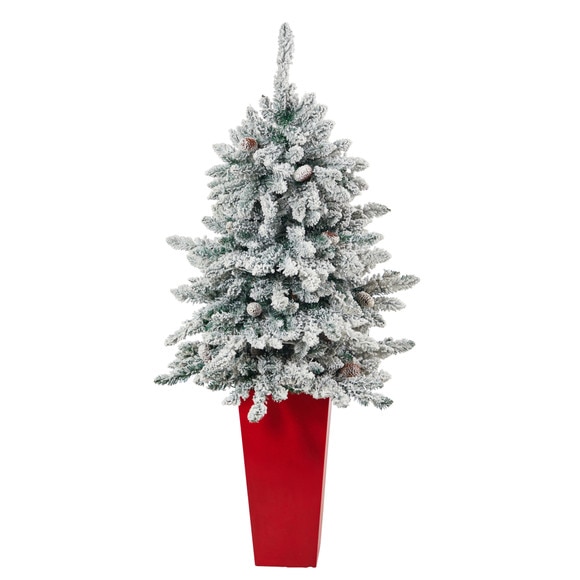 4.5 Flocked Livingston Fir Artificial Christmas Tree with Pine Cones and 150 Clear Warm LED Lights in Tall White Planter - SKU #T2272 - 2