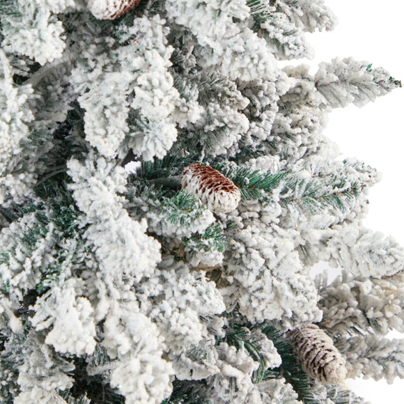 4.5 Flocked Livingston Fir Artificial Christmas Tree with Pine Cones and 150 Clear Warm LED Lights in Tall White Planter - SKU #T2272 - 4