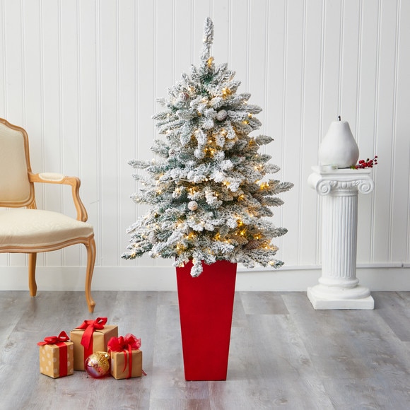 4.5 Flocked Livingston Fir Artificial Christmas Tree with Pine Cones and 150 Clear Warm LED Lights in Tall White Planter - SKU #T2272 - 6