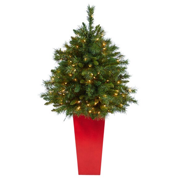 4 Wyoming Mixed Pine Artificial Christmas Tree with 150 Clear Lights and 270 Bendable Branches in Tower Planter - SKU #T2277