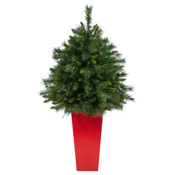 4 Wyoming Mixed Pine Artificial Christmas Tree with 150 Clear Lights and 270 Bendable Branches in Tower Planter - SKU #T2277 - 2