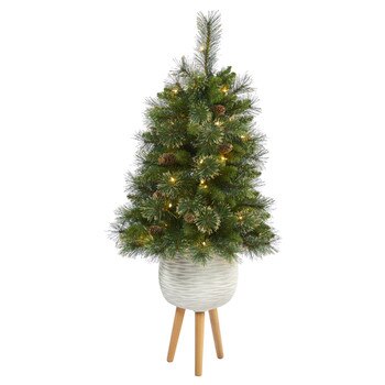 4 Golden Tip Washington Pine Artificial Christmas Tree with 50 Clear Lights Pine Cones and 148 Bendable Branches in White Planter with Stand - SKU #T2284