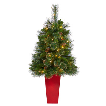 44 Golden Tip Washington Pine Artificial Christmas Tree with 50 Clear Lights Pine Cones and 148 Bendable Branches in Red Tower Planter - SKU #T2285