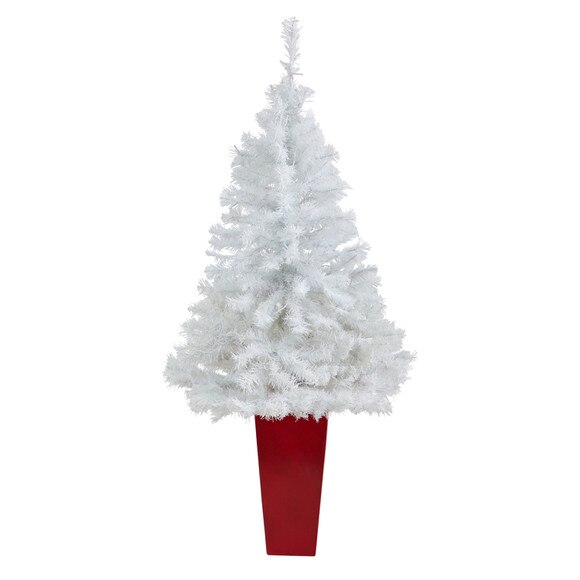 4.5 White Artificial Christmas Tree with 100 Clear LED Lights in Red Planter - SKU #T2307 - 2