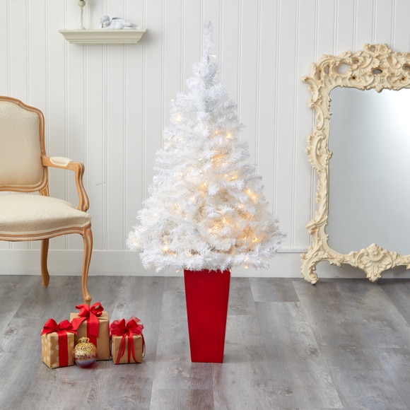 4.5 White Artificial Christmas Tree with 100 Clear LED Lights in Red Planter - SKU #T2307 - 6