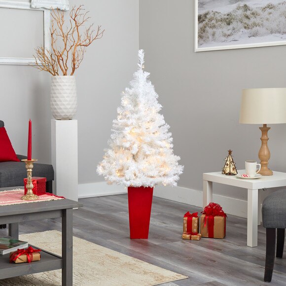 4.5 White Artificial Christmas Tree with 100 Clear LED Lights in Red Planter - SKU #T2307 - 7