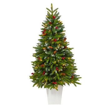 56 Snow Tipped Portland Spruce Artificial Christmas Tree with Frosted Berries and Pinecones with 100 Clear LED Lights in White Metal Planter - SKU #T2310