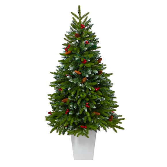 56 Snow Tipped Portland Spruce Artificial Christmas Tree with Frosted Berries and Pinecones with 100 Clear LED Lights in White Metal Planter - SKU #T2310 - 2