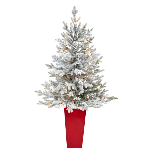 4 Flocked Fraser Fir Artificial Christmas Tree with 200 Warm White Lights and 481 Bendable Branches in Red Planter - SKU #T2315