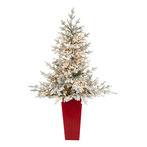 57 Flocked Fraser Fir Artificial Christmas Tree with 300 Warm White Lights and 967 Bendable Branches in Tower Planter - SKU #T2319