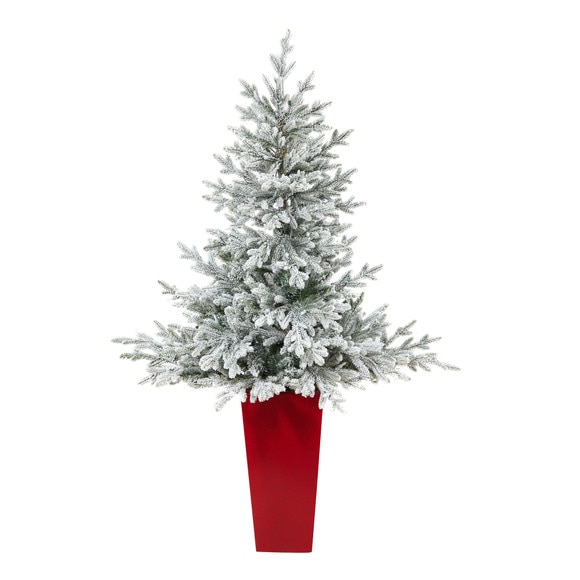 57 Flocked Fraser Fir Artificial Christmas Tree with 300 Warm White Lights and 967 Bendable Branches in Tower Planter - SKU #T2319 - 2