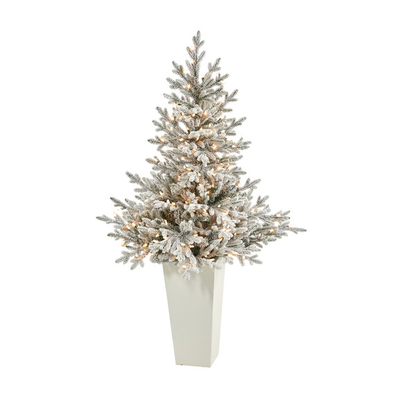 57 Flocked Fraser Fir Artificial Christmas Tree with 300 Warm White Lights and 967 Bendable Branches in Tower Planter - SKU #T2319-WH