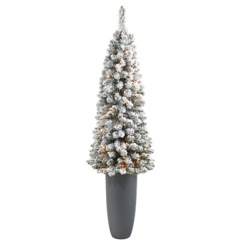 56 Flocked Pencil Artificial Christmas Tree with 100 Clear Lights and 216 Bendable Branches in Gray Planter - SKU #T2331