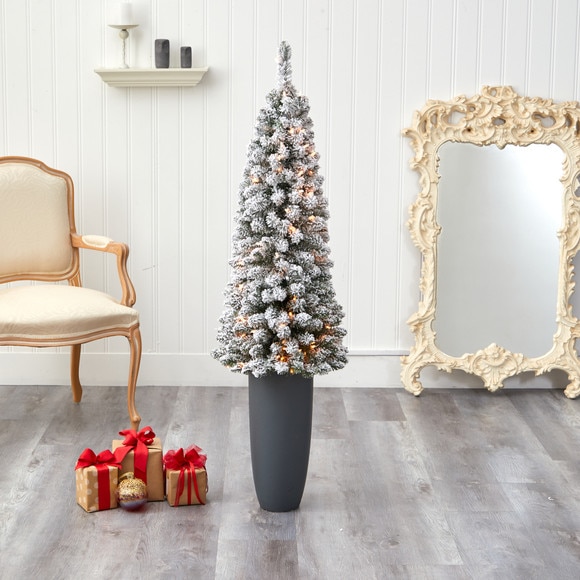 56 Flocked Pencil Artificial Christmas Tree with 100 Clear Lights and 216 Bendable Branches in Gray Planter - SKU #T2331 - 6