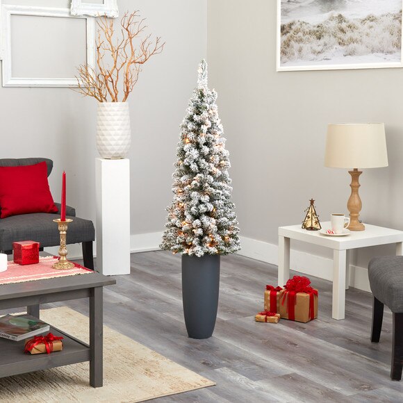 56 Flocked Pencil Artificial Christmas Tree with 100 Clear Lights and 216 Bendable Branches in Gray Planter - SKU #T2331 - 7