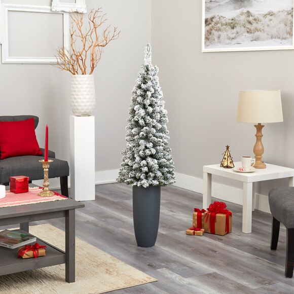 56 Flocked Pencil Artificial Christmas Tree with 100 Clear Lights and 216 Bendable Branches in Gray Planter - SKU #T2331 - 8