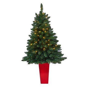 52 Northern Rocky Spruce Artificial Christmas Tree with 100 Clear Lights and 322 Bendable Branches in Tower Planter - SKU #T2337