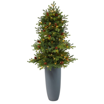 5 Yukon Mountain Fir Artificial Christmas Tree with 100 Clear Lights Pine Cones and 386 Bendable Branches in Gray Planter - SKU #T2427