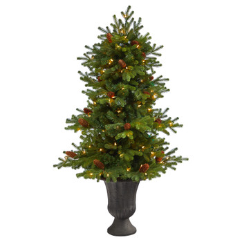 4.5 Yukon Mountain Fir Artificial Christmas Tree with 100 Clear Lights Pine Cones and 386 Bendable Branches in Charcoal Planter - SKU #T2428