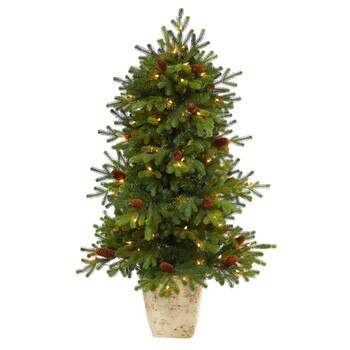 4 Yukon Mountain Fir Artificial Christmas Tree with 100 Clear Lights Pine Cones and 386 Bendable Branches in Country White Planter - SKU #T2430