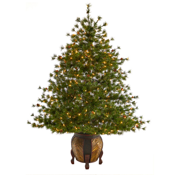 5.5 Colorado Mountain Pine Artificial Christmas Tree with 250 Clear Lights 669 Bendable Branches and Pine Cones in Decorative Planter - SKU #T2435