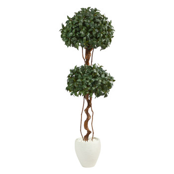 5.5 Sweet Bay Double Ball Topiary Artificial Tree in White Planter - SKU #T2460