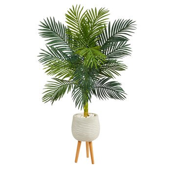 58 Golden Cane Artificial Palm Tree in White Planter with Stand - SKU #T2479