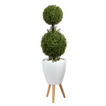4 Double Boxwood Topiary Artificial Tree in White Planter with Stand Indoor/Outdoor - SKU #T2491