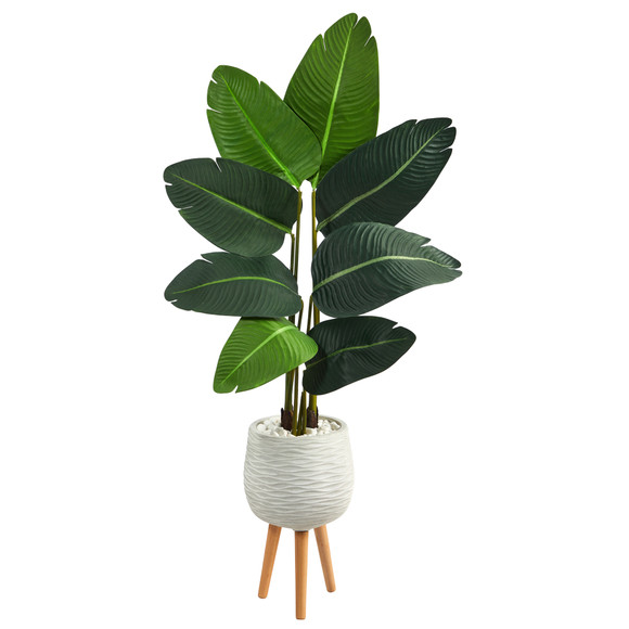 5 Travelers Palm Artificial Tree in White Planter with Stand - SKU #T2505