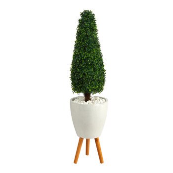 51 Boxwood Tower Artificial Topiary Tree in White Planter with Stand UV Resistant Indoor/Outdoor - SKU #T2523