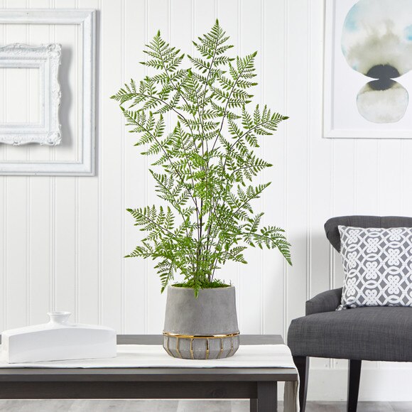3 Ruffle Fern Artificial Tree in Stoneware Planter with Gold Trimming - SKU #T2538 - 2