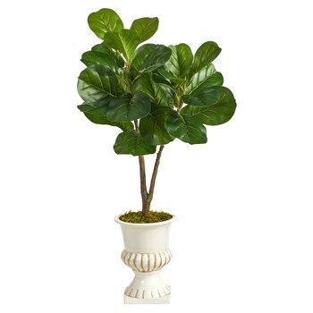 3 Fiddle Leaf Fig Artificial Tree in White Urn - SKU #T2570