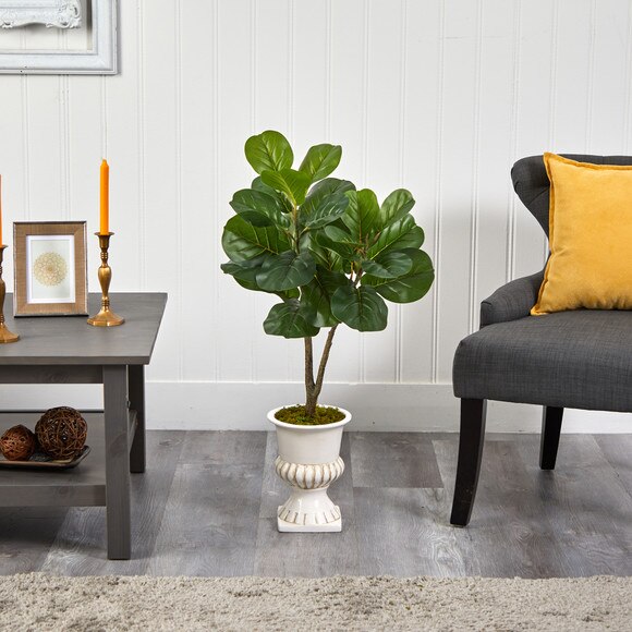 3 Fiddle Leaf Fig Artificial Tree in White Urn - SKU #T2570 - 2