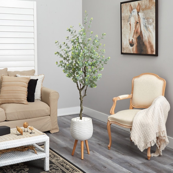 70 Eucalyptus Artificial Tree in White Planter with Stand - SKU #T2594 - 2