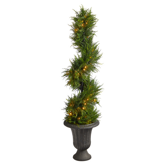4.5 Spiral Cypress Artificial Tree in Charcoal Urn with 80 Clear LED Lights UV Resistant Indoor/Outdoor - SKU #T2608