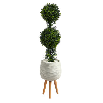 4 Boxwood Double Ball Topiary Artificial Tree in White Planter with Stand Indoor/Outdoor - SKU #T2615