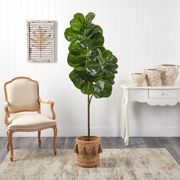 5.5 Fiddle Leaf Fig Artificial Tree in Handmade Natural Jute Planter with Tassels - SKU #T2910 - 2