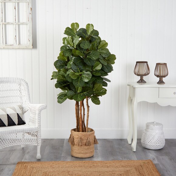 5 Fiddle Leaf Fig Artificial Tree in Handmade Natural Jute Planter with Tassels - SKU #T2951 - 2