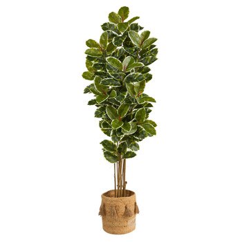 6 Oak Artificial Tree in Handmade Natural Jute Planter with Tassels UV Resistant Indoor/Outdoor - SKU #T2966