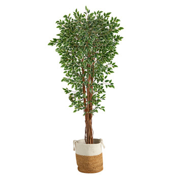70 Variegated Ficus Tree in Handmade Jute and Cotton Planter UV Resistant Indoor/Outdoor - SKU #T2972