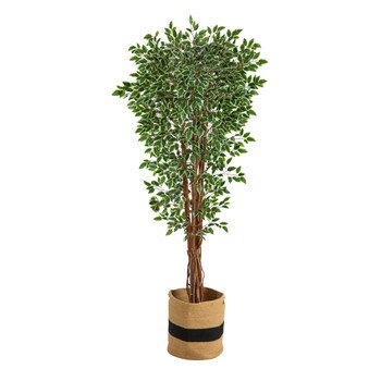70 Variegated Ficus Artificial Tree in Handmade Natural Cotton Planter UV Resistant Indoor/Outdoor - SKU #T2973