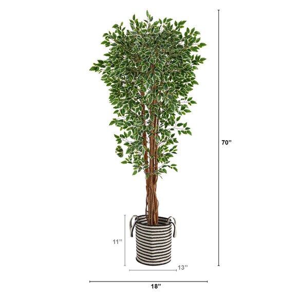 70 Variegated Ficus Tree in Handmade Black and White Natural Jute and Cotton Planter UV Resistant - SKU #T2974 - 1
