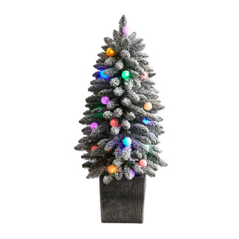 3 Flocked Highland Fir Tree with 127 Branches and 20 LED Globe Lights in Decorative Planter - SKU #T3034