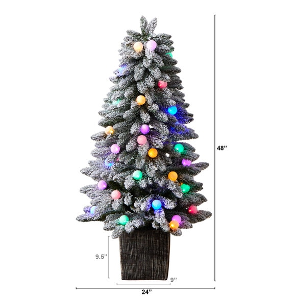 4 Winter Flocked Pre-Lit Tree with 40 LED Globe Lights 259 Branches in Decorative Planter - SKU #T3035 - 1