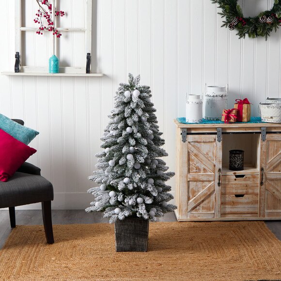 4 Winter Flocked Pre-Lit Tree with 40 LED Globe Lights 259 Branches in Decorative Planter - SKU #T3035 - 6