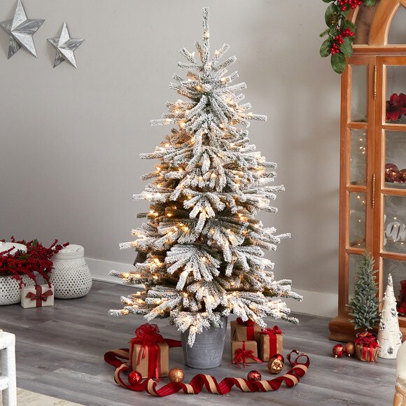 6 Flocked Long Vermont Pine Tree with 758 Branches and 250 LED Lights in Decorative Planter - SKU #T3038 - 6